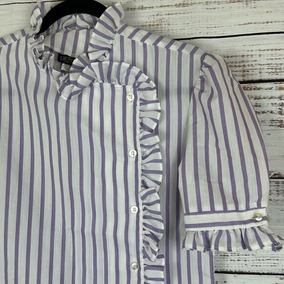 Womens EUC VTG 70's Dee Cee Purple Striped Side Button Ruffle Trim Blouse 9/10 M - Picture 1 of 8